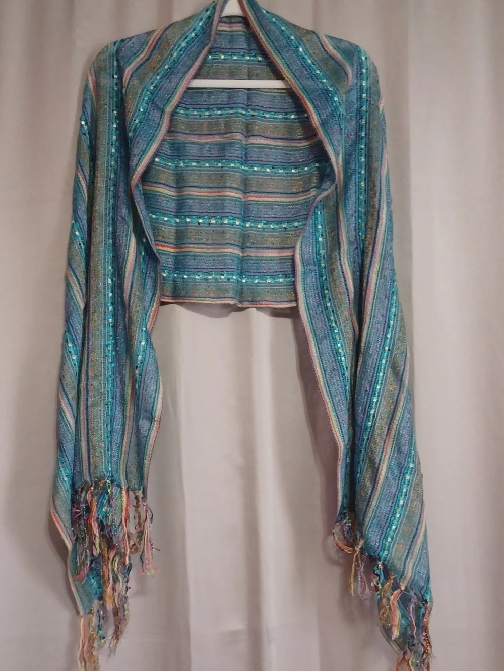 Boho Striped Fringe Scarf Shawl Wrap 72×20 Textured Open Knit Blue Pink Sparkle